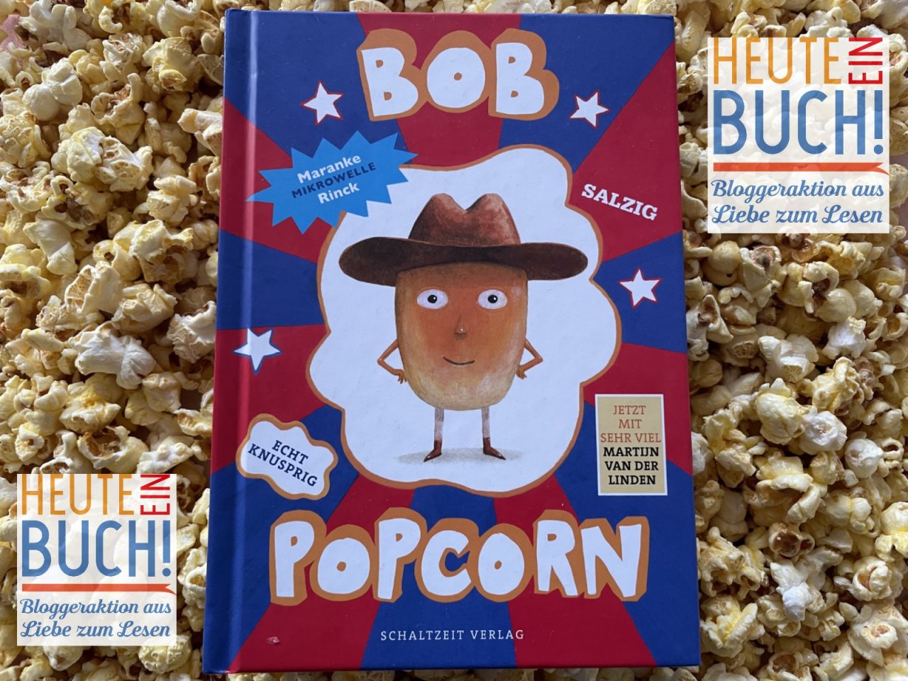 Auf Popcorn liegt das Kinderbuch "Bob Popcorn" - links und rechts ist das Logo von "Heute ein Buch" positioniert.