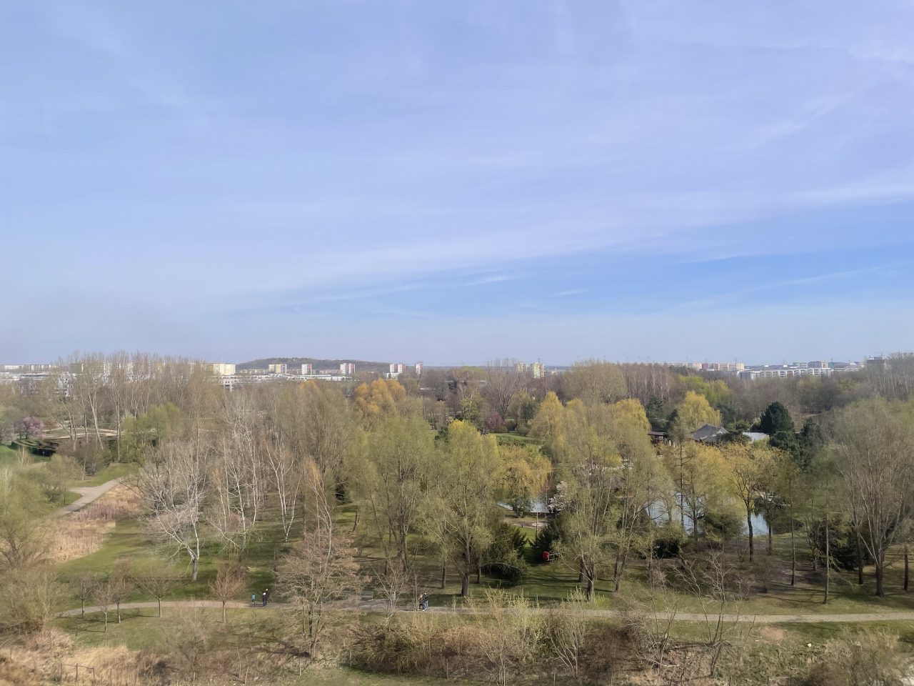 Panoramablick auf Bäume und einen blauen Himmel mit Hochhäusern