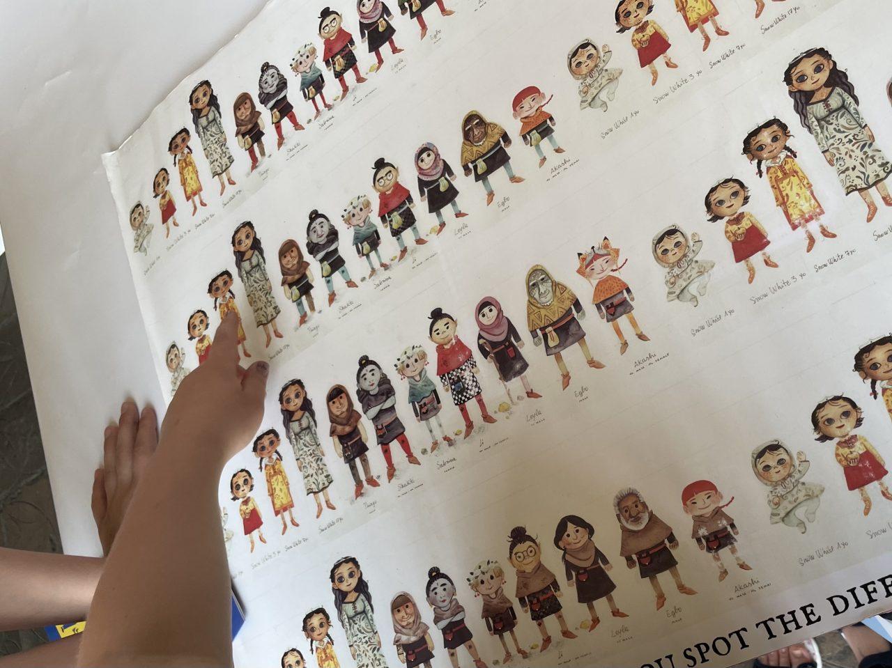 Varianten wie die Figuren für eine umgeschriebenes "Schneewittchen" aussehen könnten - auf einem Plakat - Kinderhände zeigen darauf