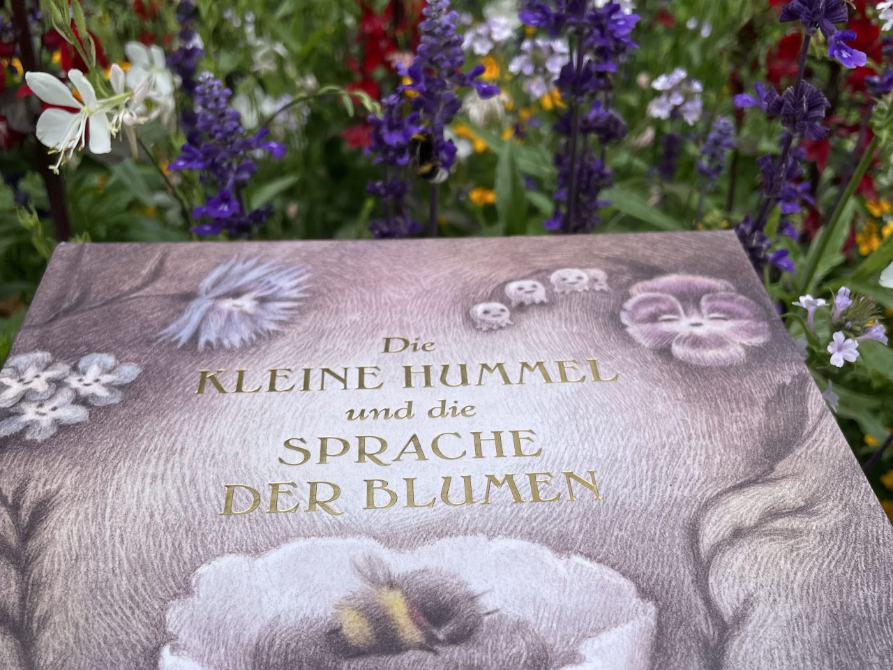 halbes Cover des Kinderbuches "Die kleine Hummel und die Sprache der Blumen" vor einer blühenden Blumenwiese