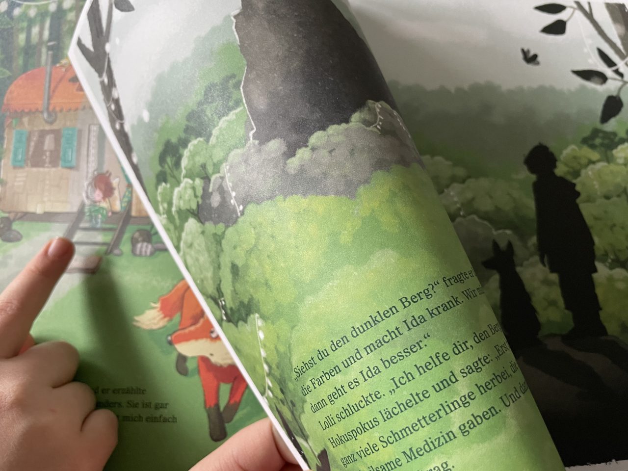 Einblick in das Kinderbuch "Ida und der Berg im Funkelwald" mit Blick auf den grauen Berg