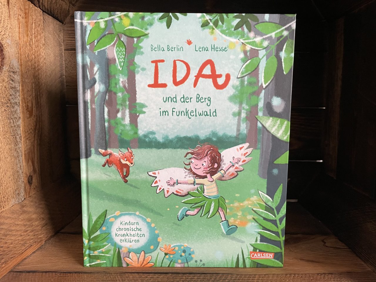 das Kinderbuch "Ida und der Berg im Funkelwald" in einer Holzkiste stehend