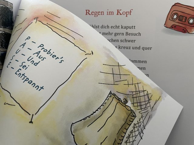 Seiten des Bilderbuches "Regen im Kopf" übereinander aufgeschlagen