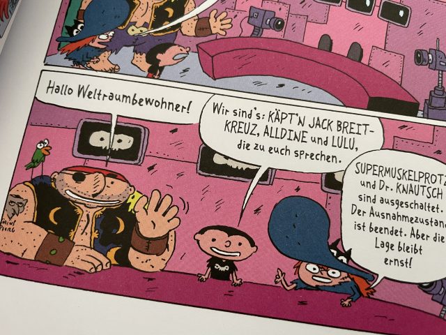 Blick auf die Protagonisten des Comicbuches "Alldine & die Weltraumpiraten"