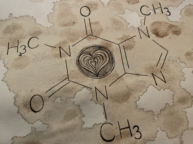 Chemische Verbindung von Coffein gezeichnet mit Kaffeeflecken 