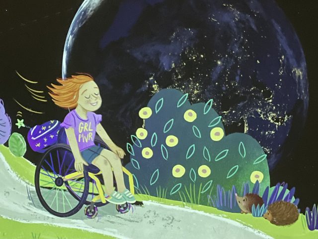 Illustration von Ela mit ihrem Rollstuhl aus dem Kinderbuch "Als Ela das All eroberte" projeziert mit der Erde vom All aus im Hintergrund 