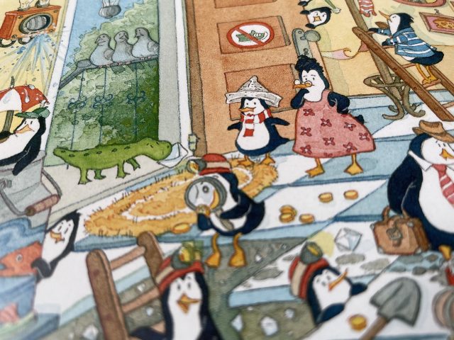 Wimmelbildszene mit Pinguinen im Haus aus dem Wimmelbuch "Poldi und Paulchen"